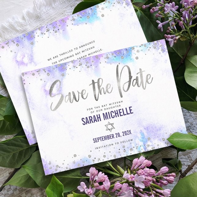 Save The Date Bat mitzvah moderne Argent Script Purple Aquarelle (Créateur téléchargé)
