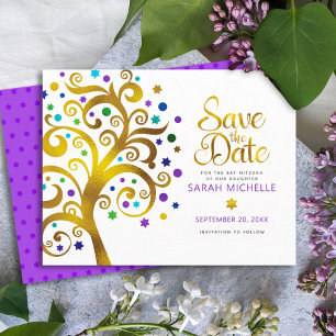 Save The Date Bat mitzvah Moderne Gras Violet Arbre d'Or Vie