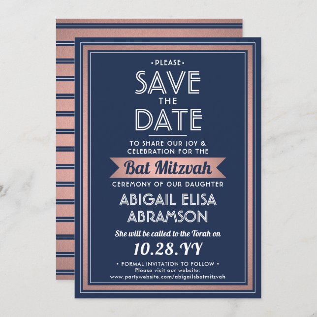 Save The Date Bat mitzvah Moderne Marine Bleu rose Rose Or tenda (Devant / Derrière)