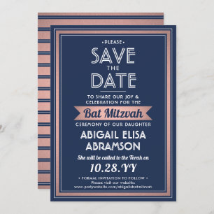 Save The Date Bat mitzvah Moderne Marine Bleu rose Rose Or tenda