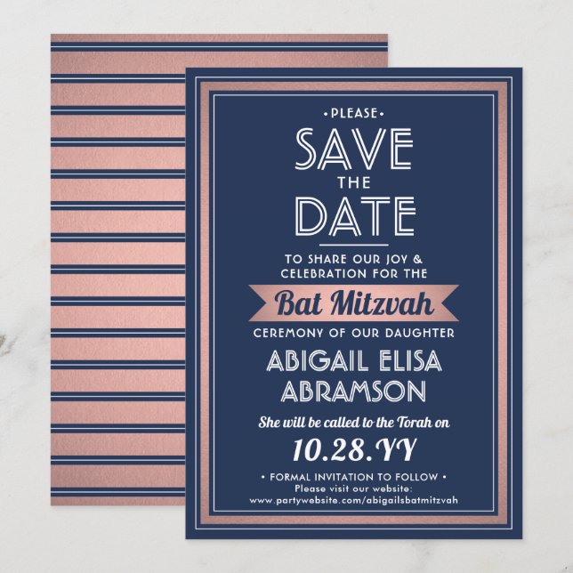 Save The Date Bat mitzvah Moderne Marine Bleu rose Rose Or tenda (Devant / Derrière)