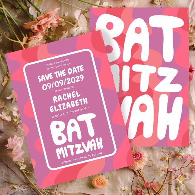 Save The Date Bat mitzvah personnalisé Vagues roses super (Groovy Pink Waves Custom Bat Mitzvah Save The Date
Card)