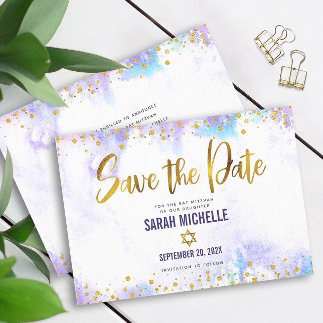 Save The Date Bat mitzvah Purple Aquarelle Or Script Girl (Créateur téléchargé)