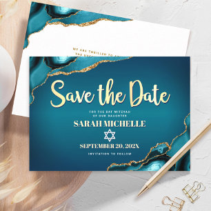 Save The Date Bat mitzvah Turquoise Agate Ombre Gold Script chic