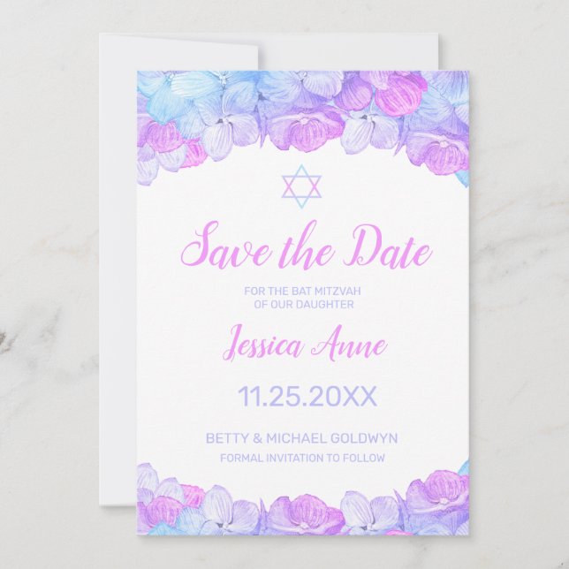 Save The Date Bat mitzvah Watercolo Floral Enregistrer la date (Devant)