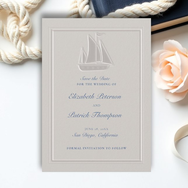 Save The Date Bateau de navigation côtière ivoire mariage formel (coastal wedding save the date nautical sail boat formal traditional double frame modern classic)