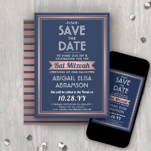 Save The Date Bath Mitzvah Bleu Marine Rose Or Moderne Tendance