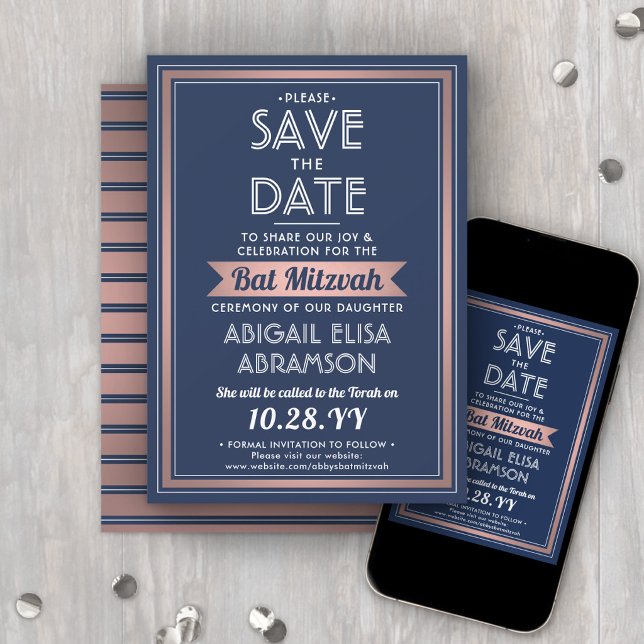 Save The Date Bath Mitzvah Bleu Marine Rose Or Moderne Tendance (Créateur téléchargé)