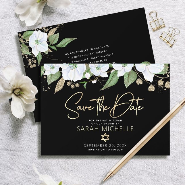 Save The Date Batra Mitzvah Or Noir Écriture Aquarelle Florale (Créateur téléchargé)