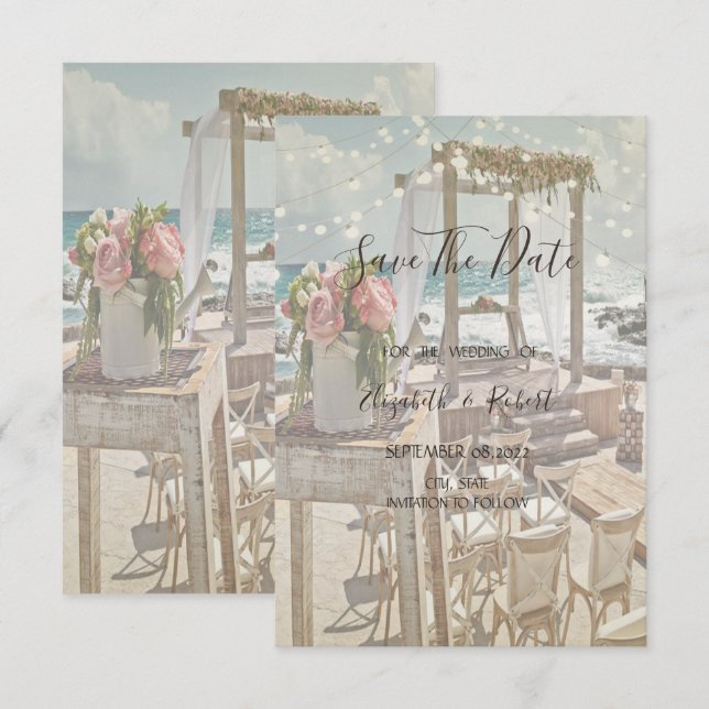 Save The Date Beach Retro Arbor Éclairages À Chaîne Enregistrer  (Devant / Derrière)