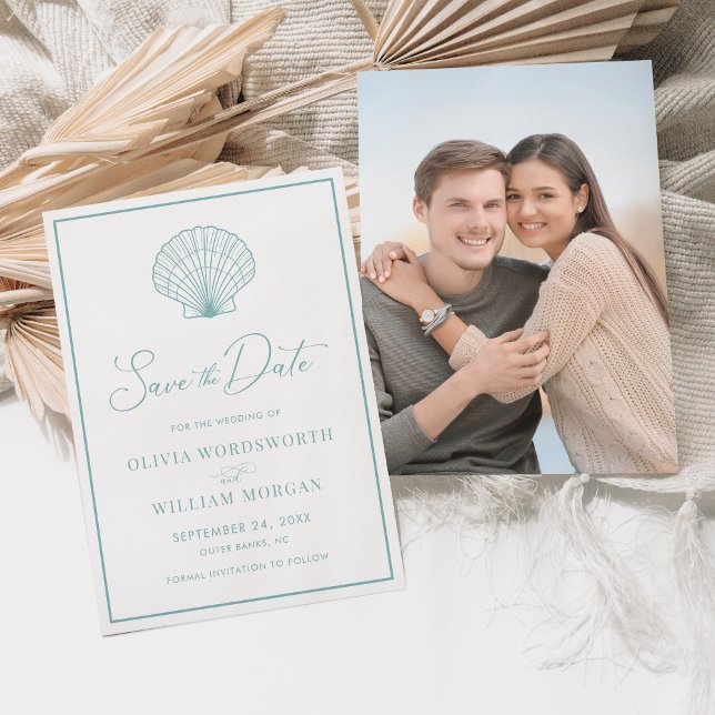 Save The Date Beach Seashell Elegant Aqua Blue Mariage (Créateur téléchargé)