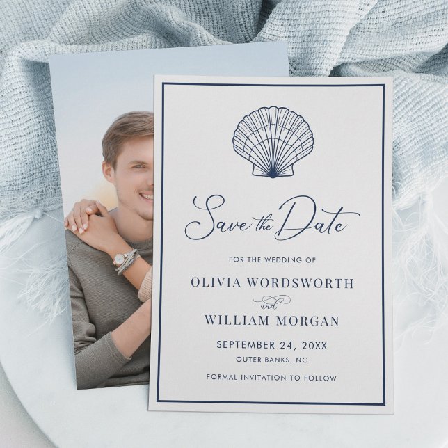 Save The Date Beach Seashell Elegant Mariage bleu marine (Créateur téléchargé)