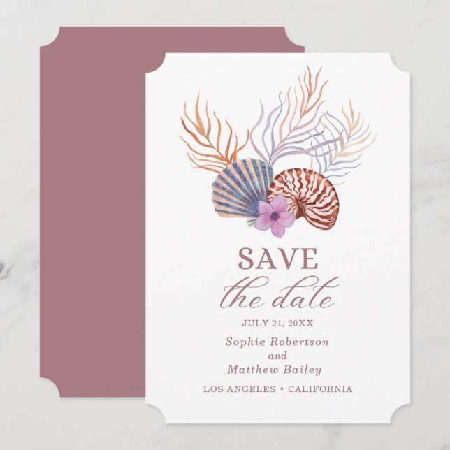 Save The Date Beach Seashells Aquarelle Côte Chic Mariage Sa (Devant / Derrière)