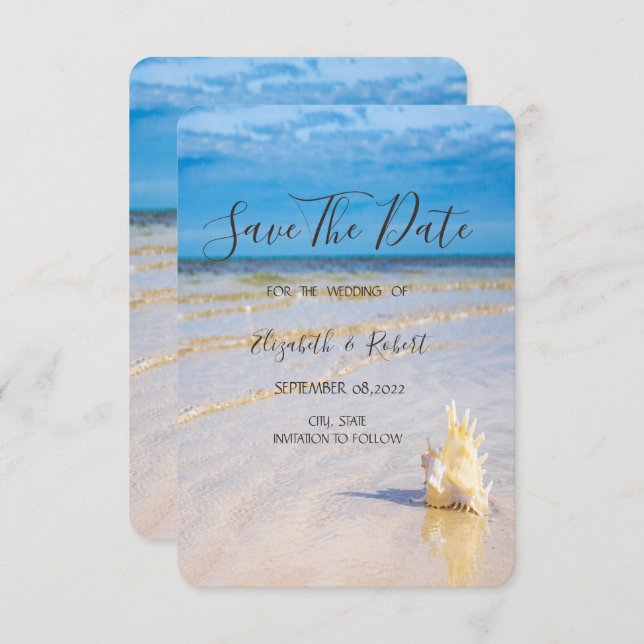 Save The Date Beach Waves Seashell Sauvez La Date (Devant / Derrière)