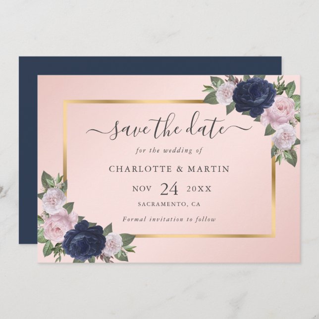 Save The Date Beau bleu marine Blush rose or Mariage floral (Devant / Derrière)