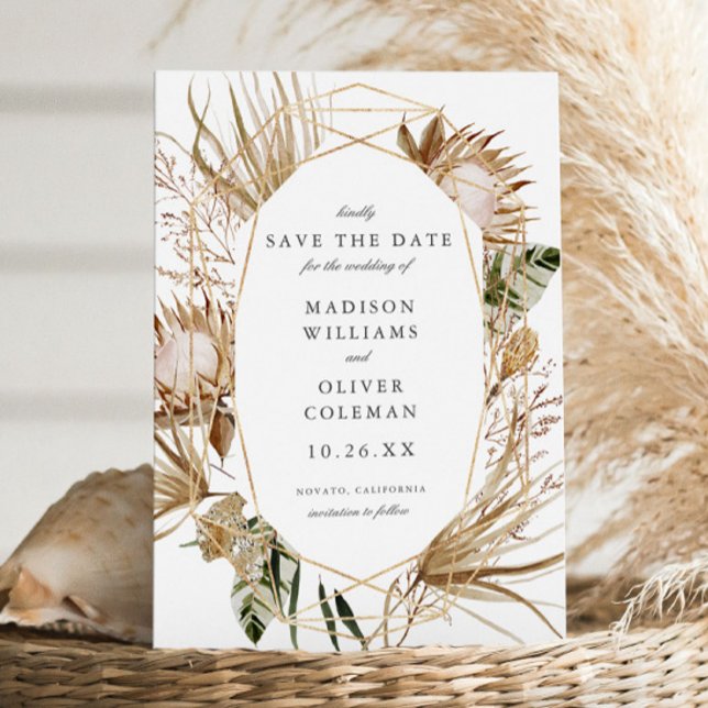 Save The Date Beau Boho Botanique Mariage blanc géométrique (Créateur téléchargé)