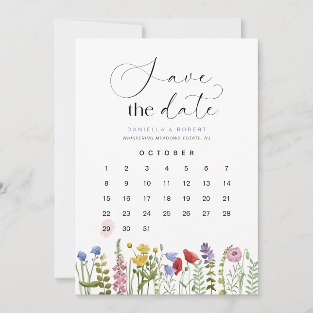 Save The Date Beau calendrier Fleur sauvage Floral Mariage (Devant)