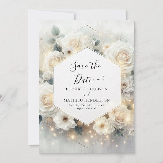 Save The Date Beau Chic White Roses Mariage (Devant)