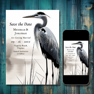 Save The Date Beau Grand Héron Bleu Mariage d'oiseaux côtiers