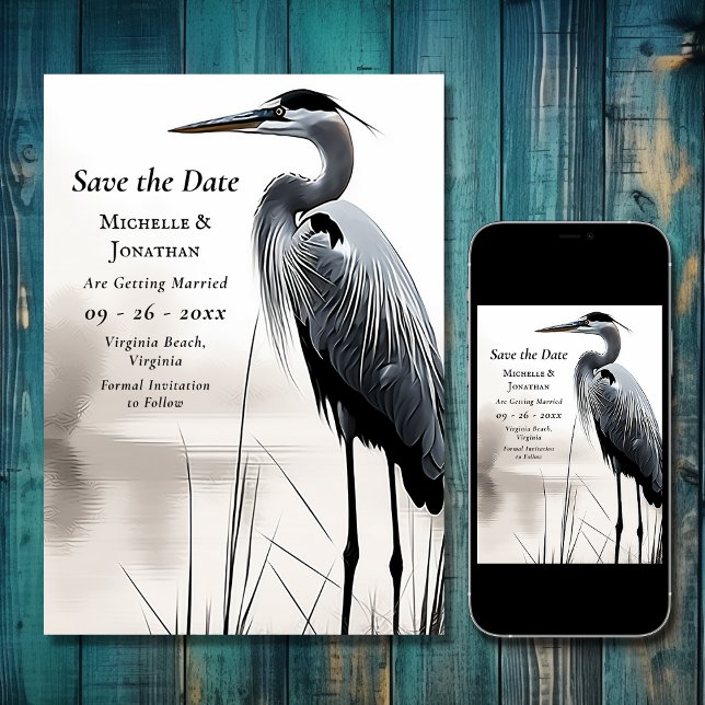Save The Date Beau Grand Héron Bleu Mariage d'oiseaux côtiers (Beautiful Great Blue Heron Coastal Bird Wedding Save The Date)