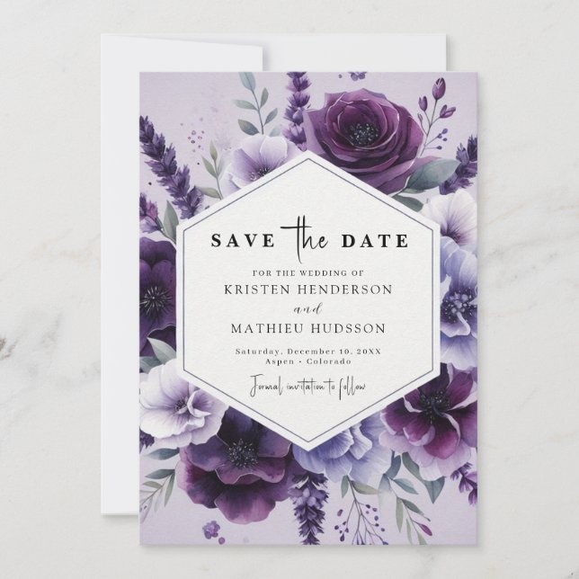 Save The Date Beau Mariage floral violet de champ (Devant)
