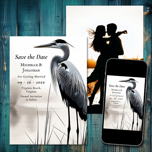 Save The Date Beau Mariage photo d'oiseaux côtiers de Héron Bleu (Beautiful Blue Heron Coastal Bird Photo Wedding Save The Date)