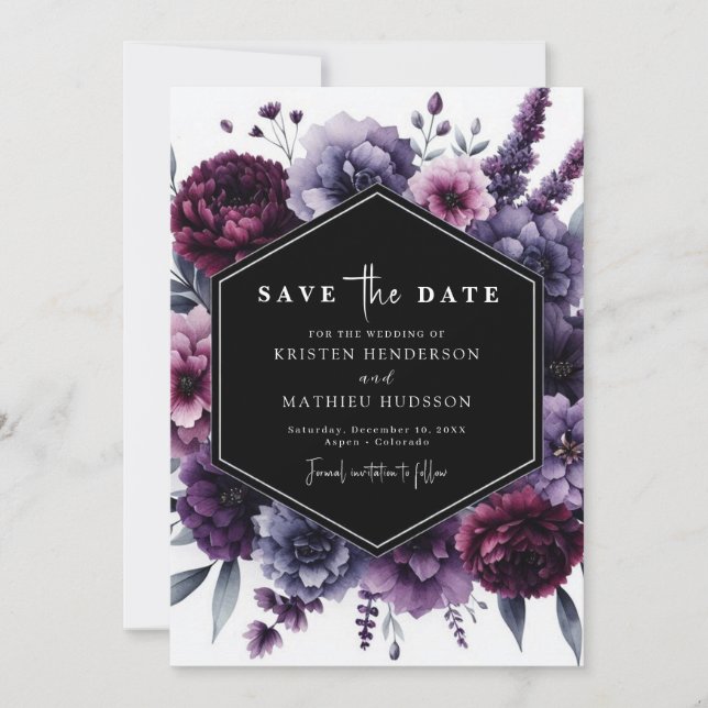 Save The Date Beau romantique violet Mariage floral (Devant)