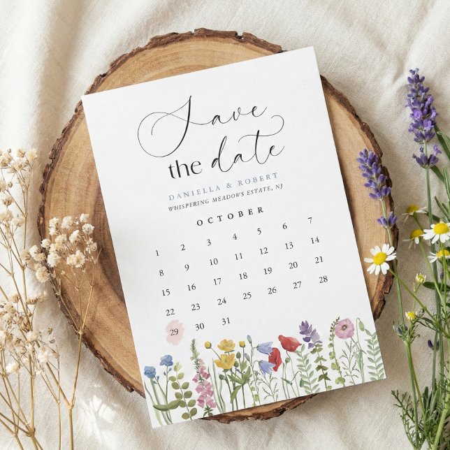 Save The Date Beautiful Floral Wildflower Wedding Calendar  (modern save the date calendar wildflower wedding invitation in romantic script calligraphy)