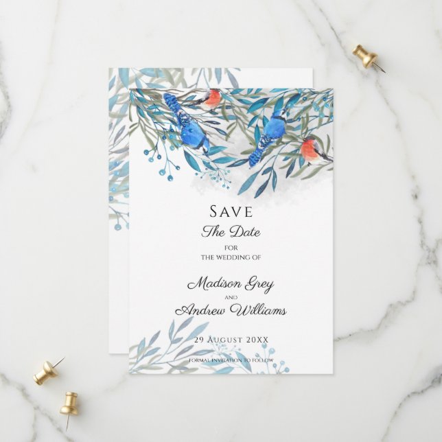 Save The Date Beaux Oiseaux et Feuillage à l'aquarelle (Devant/Arrière en situation)
