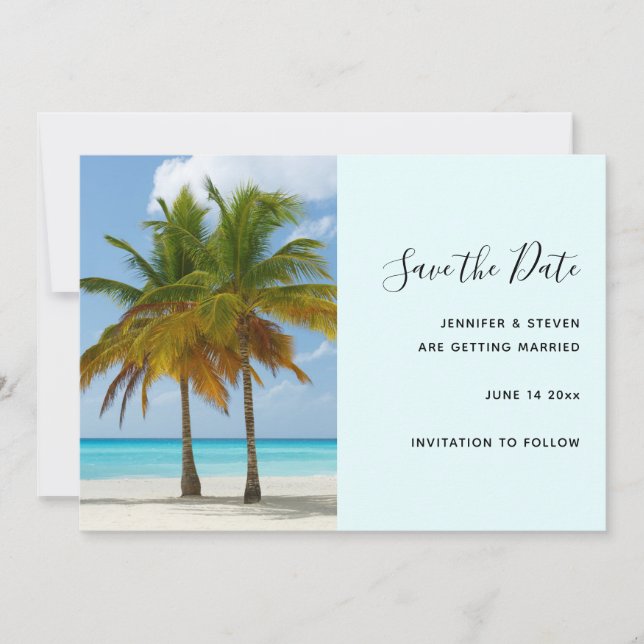 Save The Date Beaux palmiers sur un mariage tropical de plage (Devant)