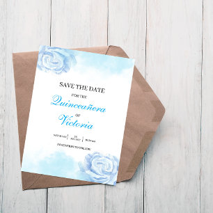 Save The Date Bébé Bleu Aquarelle Floral rose Quinceanera