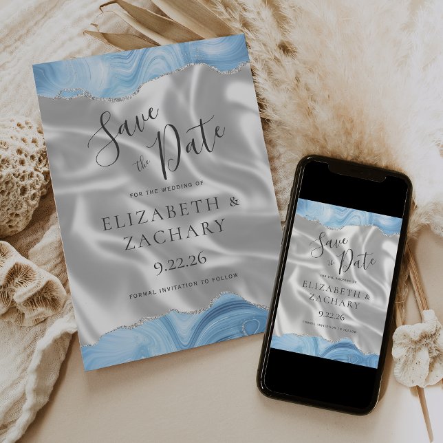 Save The Date Bébé Bleu Argent Agate Blanc Soie Enregistrer la D (Créateur téléchargé)