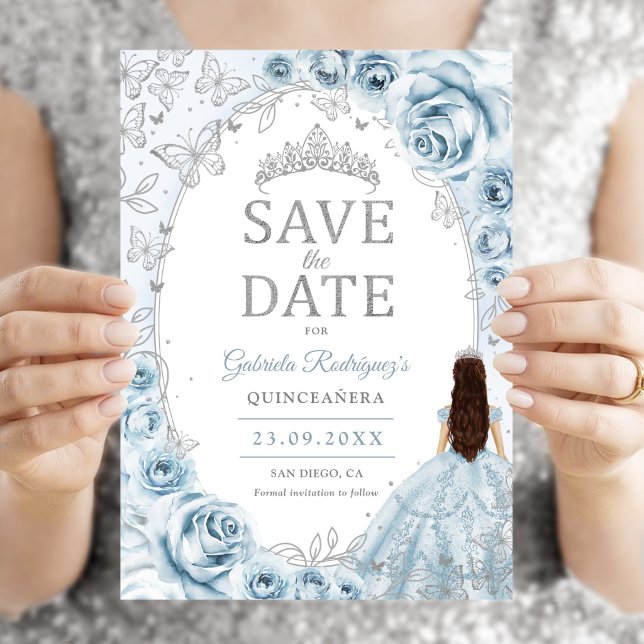 Save The Date Bébé Bleu Argent Fleur Quinceanera (Créateur téléchargé)