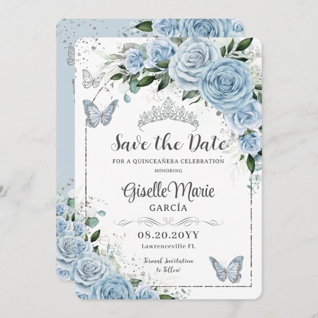 Save The Date Bébé Bleu Floral Argent Quinceañera Papillons (Devant / Derrière)