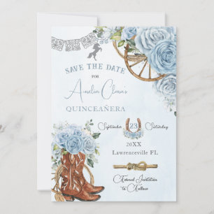 Save The Date Bébé Bleu Floral Far West Charro Quinceanera XV