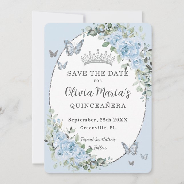 Save The Date Bébé Bleu Floral Papillons en argent Quinceañera (Devant)
