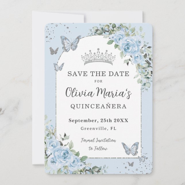 Save The Date Bébé Bleu Floral Papillons Quinceañera Photo (Devant)