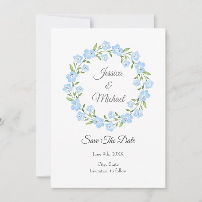 Save The Date Bébé bleu yeux aquarelle Floral Wreath (Devant)
