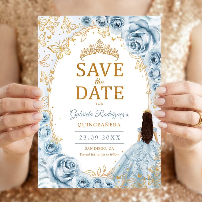 Save The Date Bébé Blue Or Fleurs Quinceanera (Créateur téléchargé)