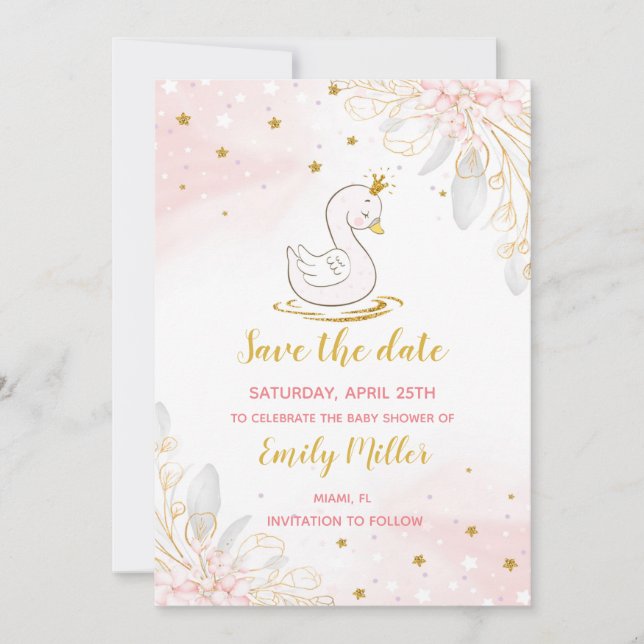 Save The Date Bébé cygne princesse fille douche enregistrer la d (Devant)