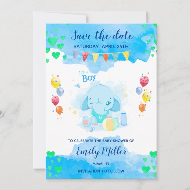 Save The Date Bébé éléphant garçon douche enregistrer la date (Devant)