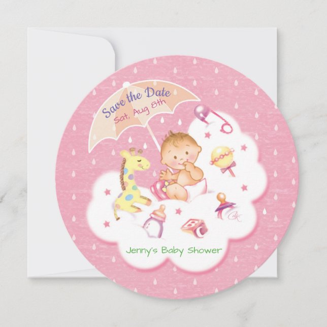Save The Date Bébé sur nuage rose sous parapluie (Devant)
