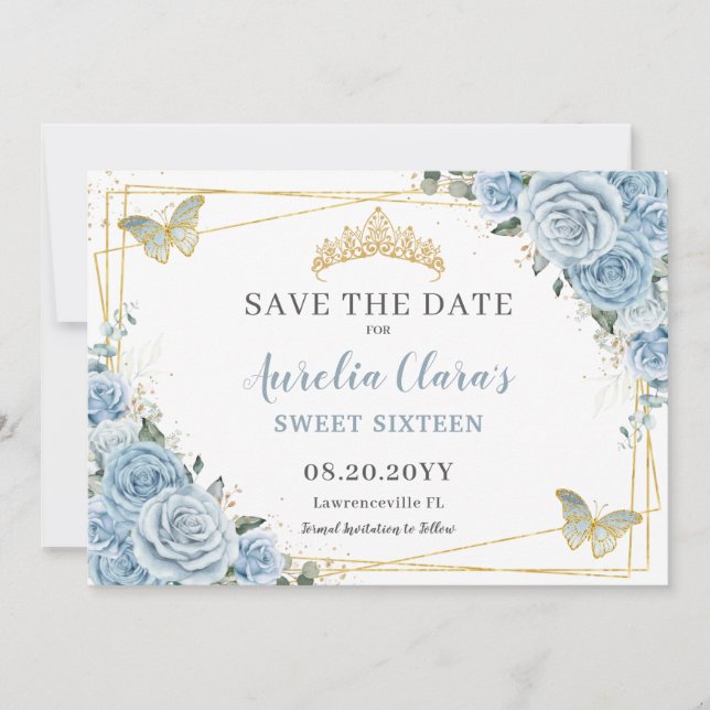 Save The Date Bébé Sweet sixteen Floral Bleu Quince Papillons (Devant)