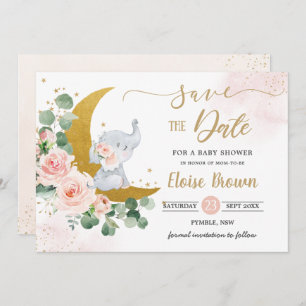 Save The Date Bébé Whimsical Elephant Crescent Lune Blush Floral