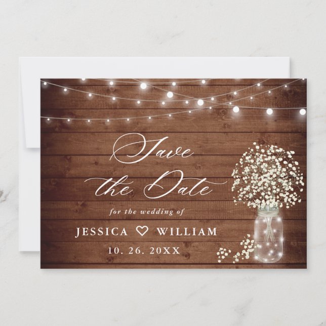 Save The Date Bébé's Breath Mason Jar Rustic Wood Mariage (Devant)