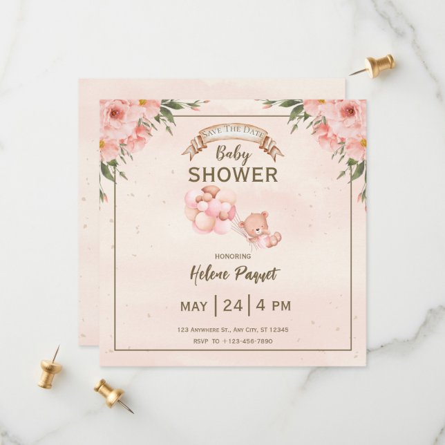 Save The Date Beige Brown Floral Baby shower Enregistrer la date (Devant/Arrière en situation)