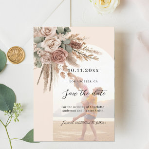 Save The Date Beige taupe rose pampas photo arche mariage