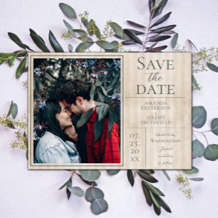 Save The Date Beige Vintage rayé Photo Enregistrer la date