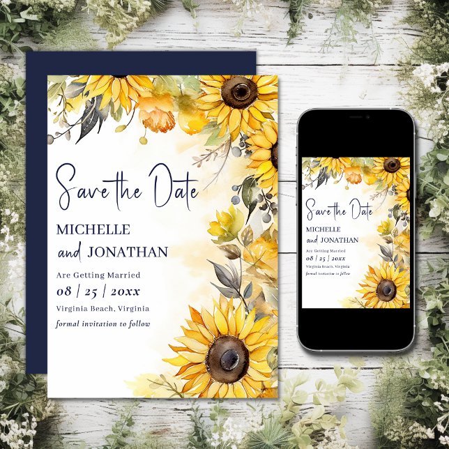 Save The Date Belle aquarelle Mariage floral de tournesol (Printed and Digital - Beautiful Watercolor Sunflower Floral Wedding Save The Date)