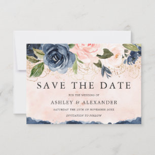 Save The Date Belle Élégante Marine Floral Blush Doré